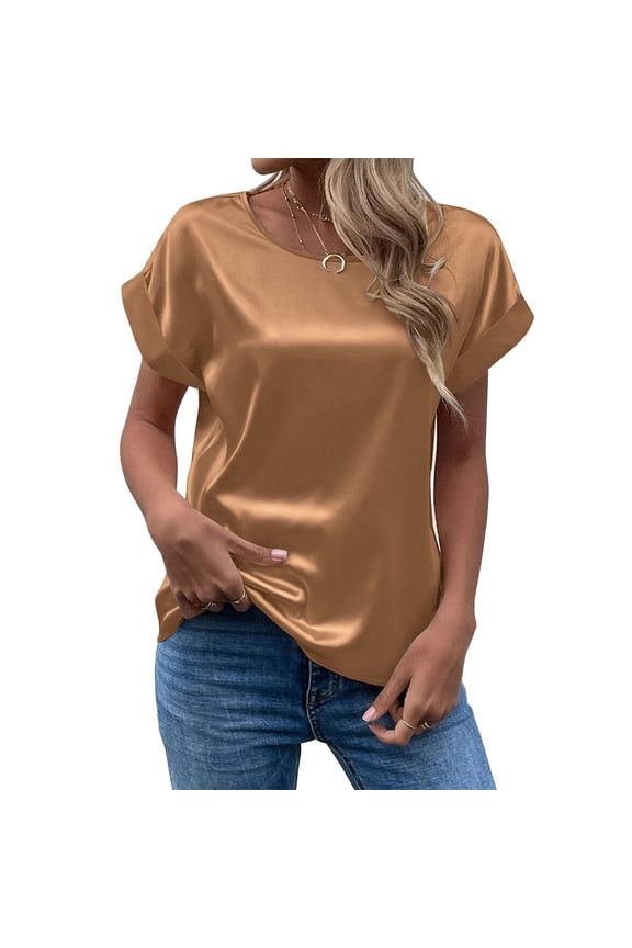 Zoeecloth Women's Silk T Shirts Tops Summer Short Sleeve T Shirts Casual Crew Neck Tops Basic Summer Loose Fit Tees,S-2XL