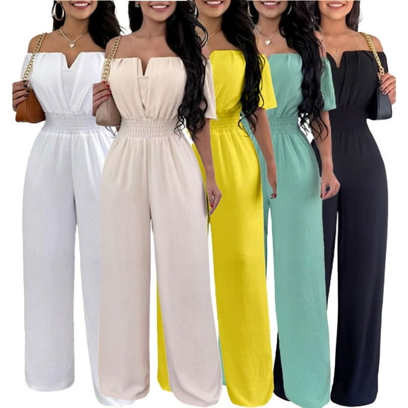 Zoeecloth Women's Summer Jumpsuits Casual Short Sleeve Loose Wide Leg Long Rompers Outfits with Pockets S-XL