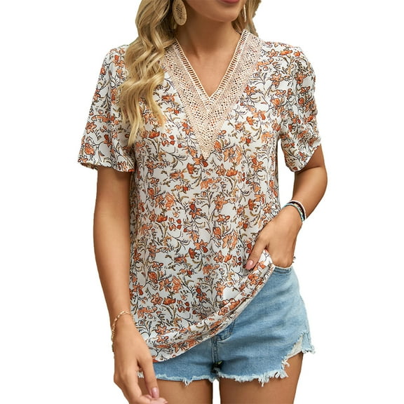 Zoeecloth Women's V Neck Shirts Casual Floral Print Short Sleeve Summer Shirts Tops Fashion Loose Blouses