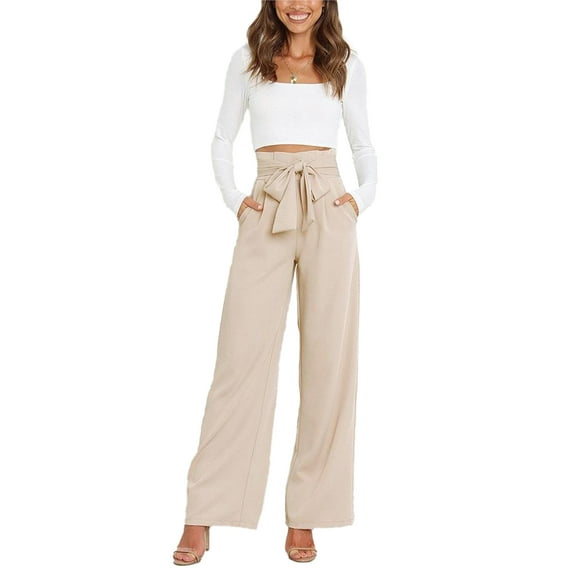 Zoeecloth Women's Wide Leg Pants High Waisted Adjustable Tie Knot Loose Trousers Business Casual Work Pants with Pockets S-XXL
