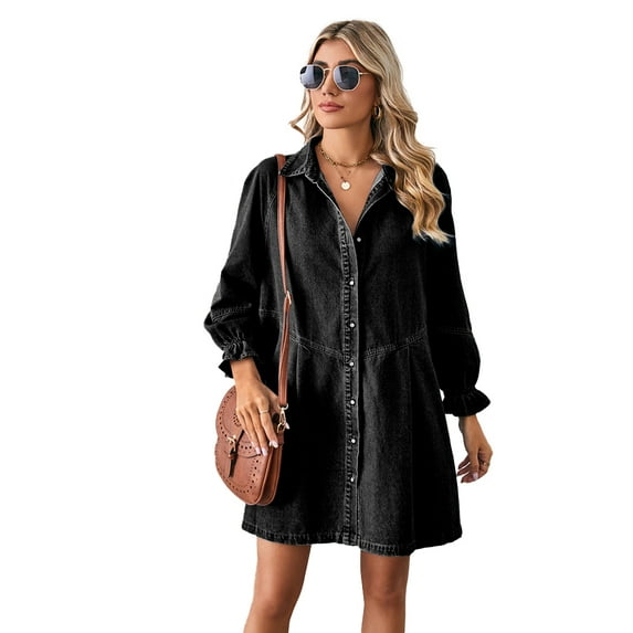 Zoeecloth Womens Casual Denim Dresses Long Sleeve Loose Patchwork Denim Dress S-XL