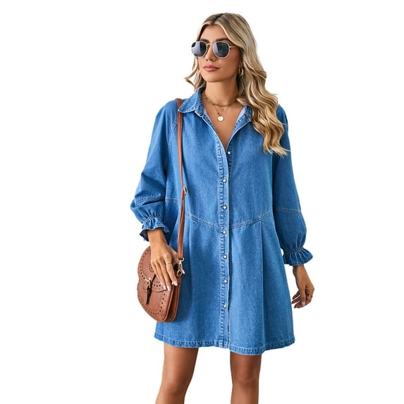 Zoeecloth Womens Casual Denim Dresses Long Sleeve Loose Patchwork Denim Dress S-XL