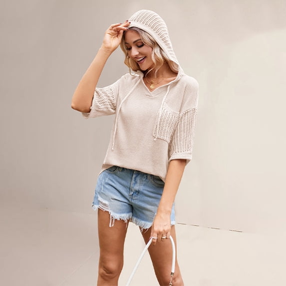 Zoeecloth Womens Hooded Tees Shirt Summer V-Neck Hollow Shirt Short Sleeve Pullove T-Shirt S-XL