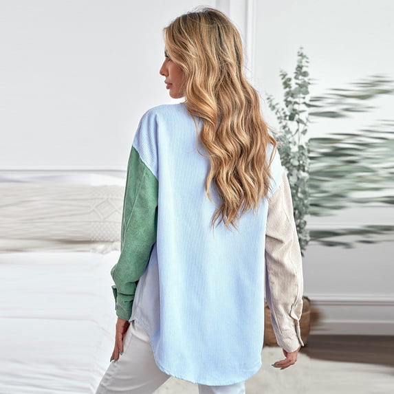 Zoeecloth Womens Long Sleeve Tees Shirt Single-Breasted Casual T-Shirt Spring Fall Colorblocking Tops for Womens S-XL