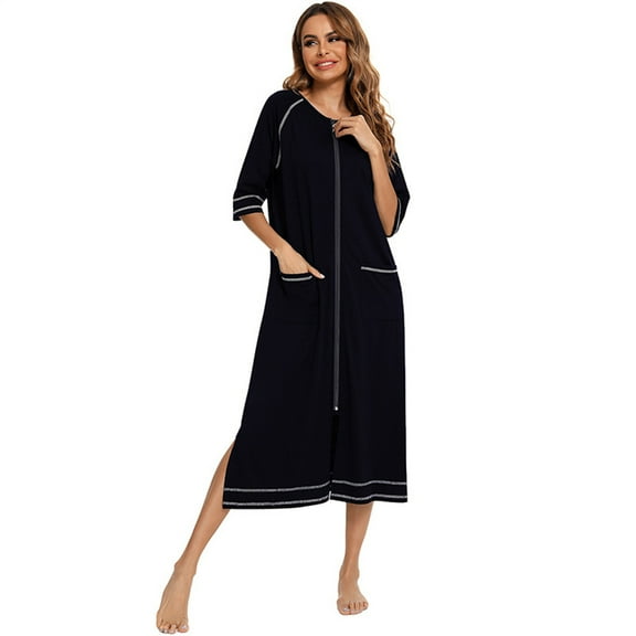 Zoeecloth Womens Loose Robe Fall Winter V-neck Bathrobe Printed Zipper Sleepwear Women's Long-Sleeved Nightgowns S-XXL
