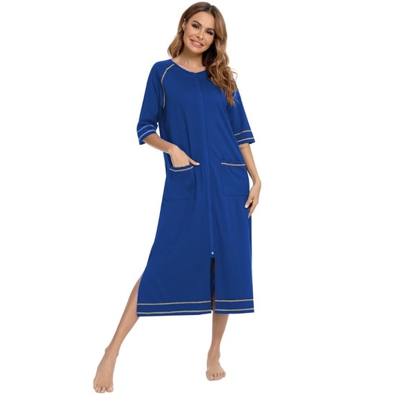 Zoeecloth Womens Loose Robe Fall Winter V-neck Bathrobe Printed Zipper Sleepwear Women's Long-Sleeved Nightgowns S-XXL