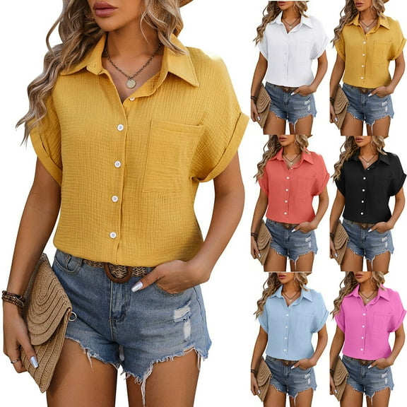 Zoeecloth Womens Shirt V Neck Button down Shirt Loose Casual Summer Short Sleeve Top Blouses with Pockets S--XXL