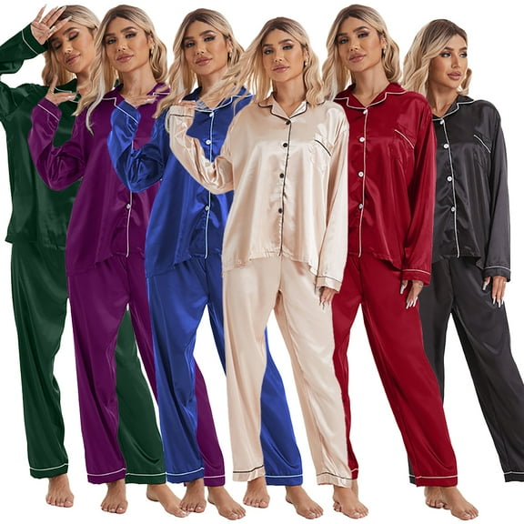 Zoeecloth Womens Silk Pajamas Pj Sets 2 Piece Satin Sleepwear Sets Long Sleeve Lounge Sets Button Down Shirts and Long Pants Loungewear Sets S-XL