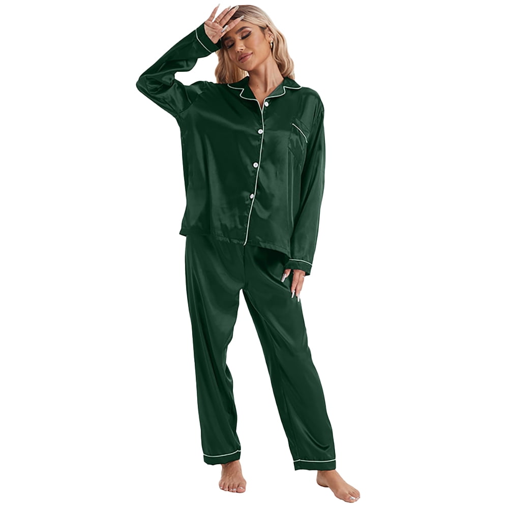 SOFTHO Women's Satin Pajama Set - Long Sleeve Button-Down Top & Elastic Waist Pants, Comfy Sleepwear - View #3