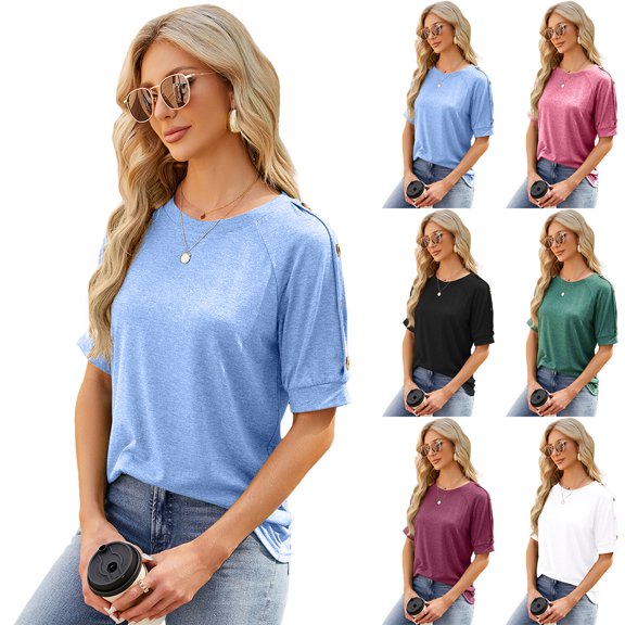 Zoeecloth Womens Summer T-Shirts Short Sleeve Cotton Tees Shirt Blouse S-Xxl Solid Color Loose Round Neck Tees Shirt Spring Summer Short Sleeve Tops