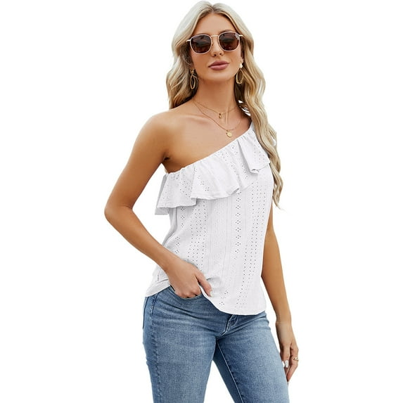 Zoeecloth Womens Tops Sleeveless Solid Color Round Neck Button Vest Tees Shirts Summer Casual Ruffled One Shoulder Vest Fashion Button Vest S-XXL