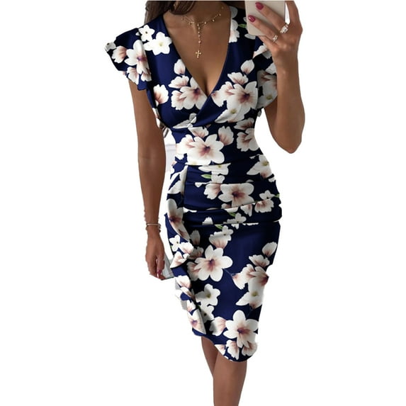 Zoeecloth Wrap Dresses for Womens High Waist V-Neck Dresses Flowers Print Slimming Dresses Ruffle High Party Bodycon Dress S-XXL