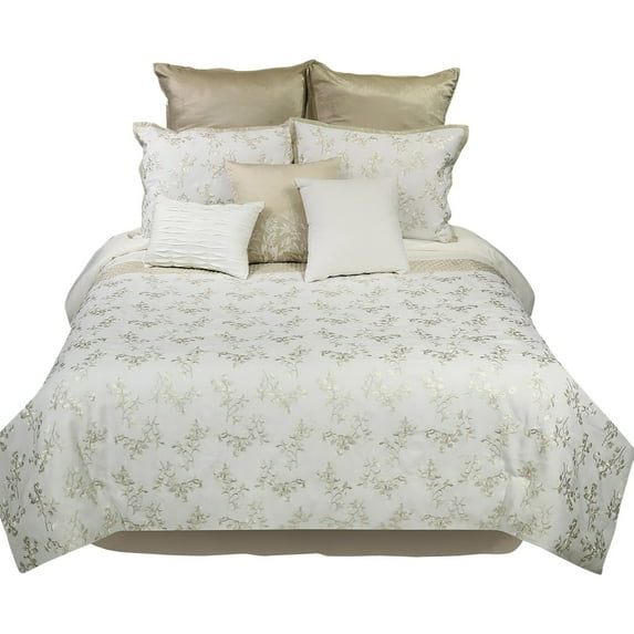 Zoey 10 Piece Polyester King Comforter Set, Gold Floral Design Print, White - Saltoro Sherpi