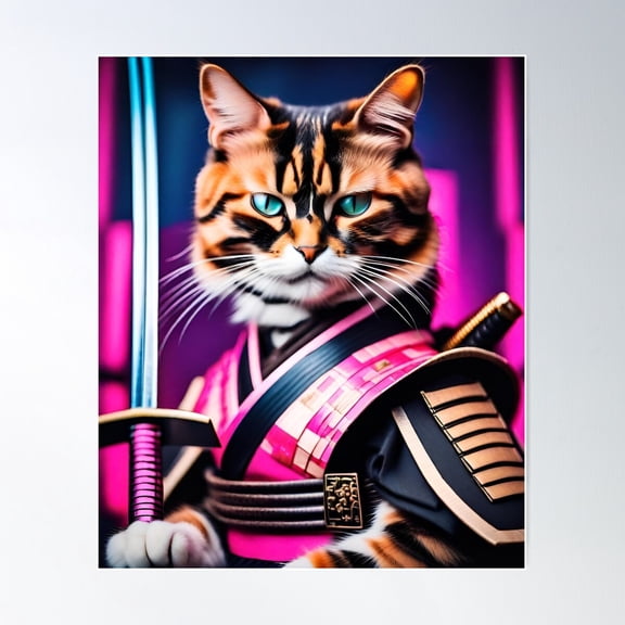 Zoey Calico Cat Samurai ,Catana Redefined Poster Wall Art, Modern Wall Decor For Living Room Bedroom, 24x36 UNFRAMED