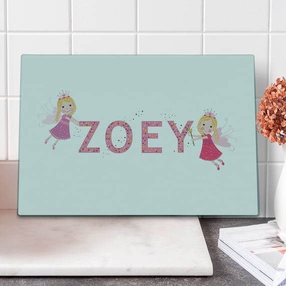 Zoey Cutting Board, Feminine Themed Girl Name Magic Creatures Calligraphic Alphabet Letter Design, Decorative Tempered Glass Cutting and Serving Board, Large Size, Multicolor, by Ambesonne