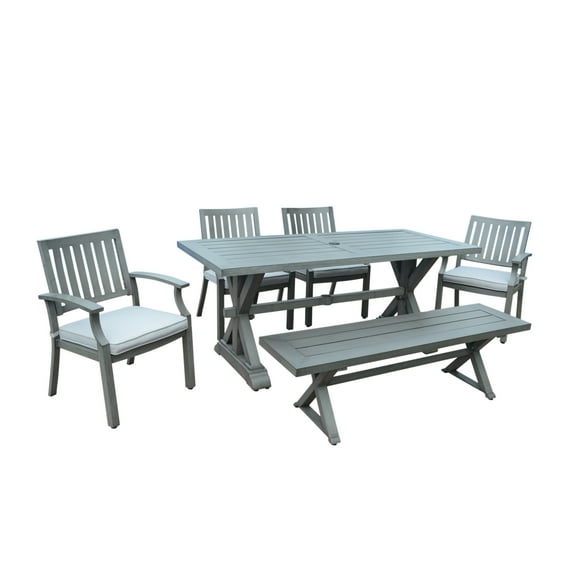 Zoey Outdoor Modern 6 Seater Aluminum Dining Set with Dining Bench, Dark Gray and Silver