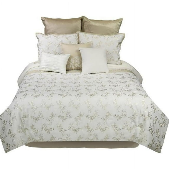 Zoey Polyester Comforter Set with Floral Design Print, Gold & White - King Size - 10 Piece