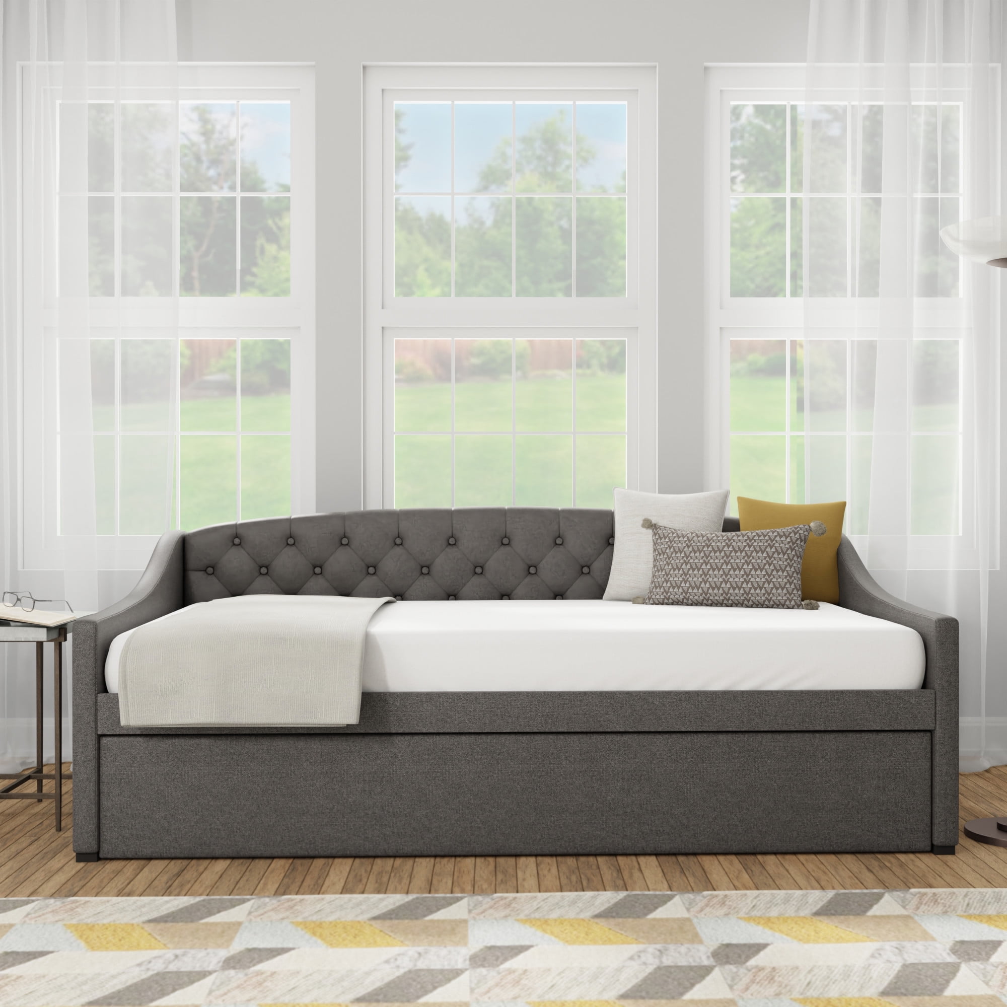 Zoey Tufted Upholstered Twin Daybed with Trundle, Beige, by