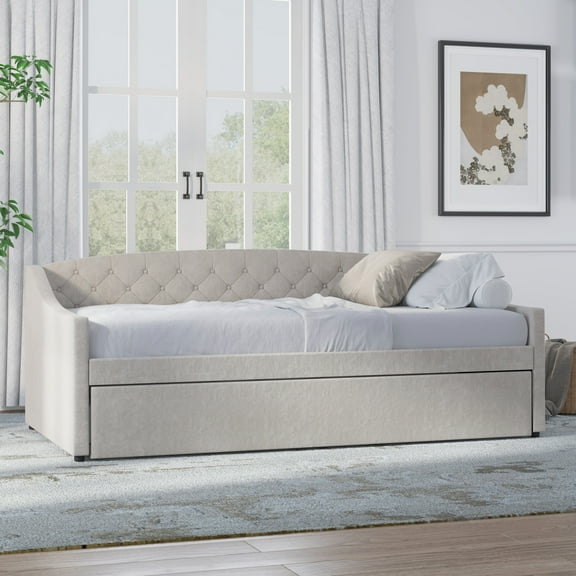 Zoey Tufted Upholstered Twin Daybed with Trundle, Beige, by Hillsdale Living Essentials