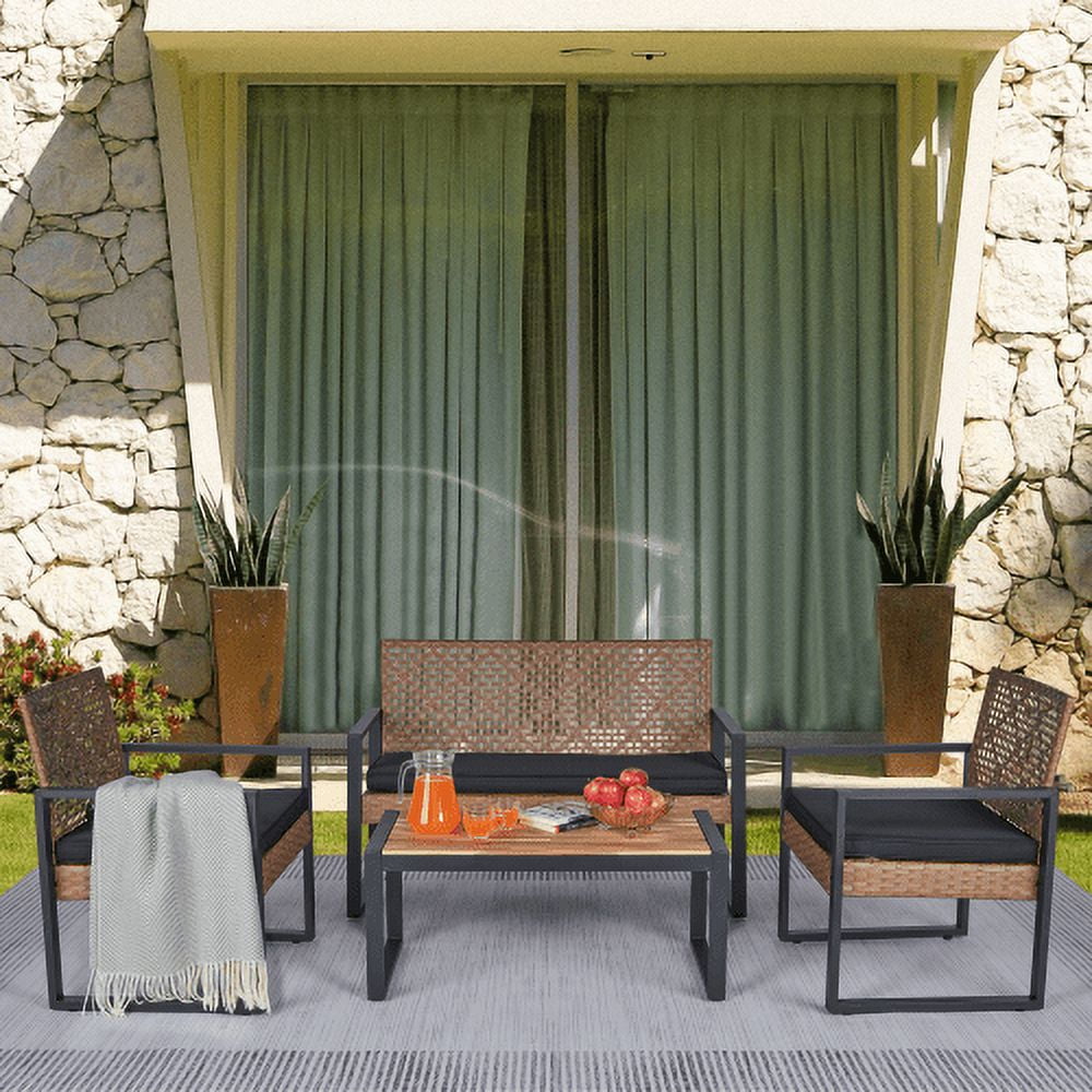 Zoeye 4-Piece Metal Frame Wicker Outdoor Home Brown Patio Furniture Sofa Set