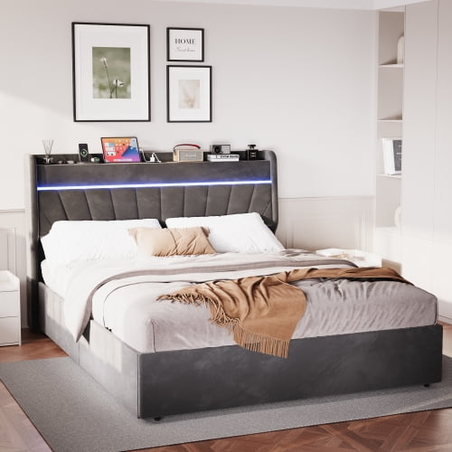 Zoeye Queen Lift Up Storage Bed Frame with Charging Stationand LED