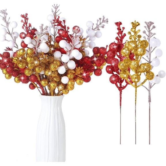 Zoezoe 10 Pcs Christmas Glittered Berries Stems 7.9 Inch Artificial Berries Sprays Branches Floral Pick for Christmas Tree Ornament, DIY Xmas Wreath, Crafts, Home Decor(Red, White, Gold,Multicolor)