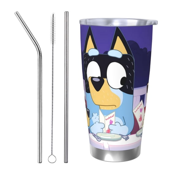 Zofaai Bluey Pattern 20OZ Car Cup, Stainless Steel Vacuum Insulated Water Cup with Lid and Straw, Suitable for Sports and Outdoor-Straw Three-piece Set