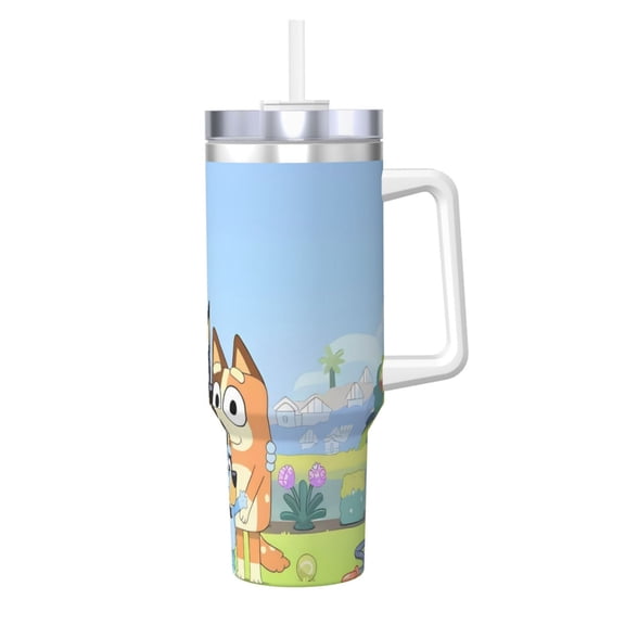 Zofaai Bluey Pattern 40OZ Ice Cup with Handle, Stainless Steel Heat Preservation Cup Suitable for Car Cup Holder, Travel, Office, Unisex