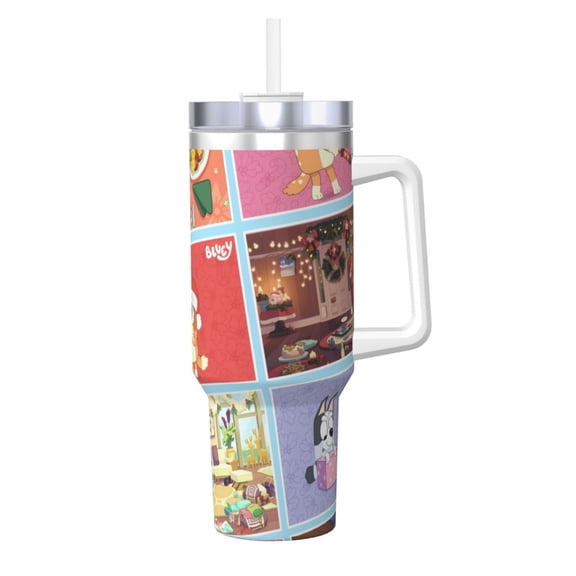 Zofaai Bluey Pattern 40OZ Ice Cup with Handle, Stainless Steel Heat Preservation Cup Suitable for Car Cup Holder, Travel, Office, Unisex