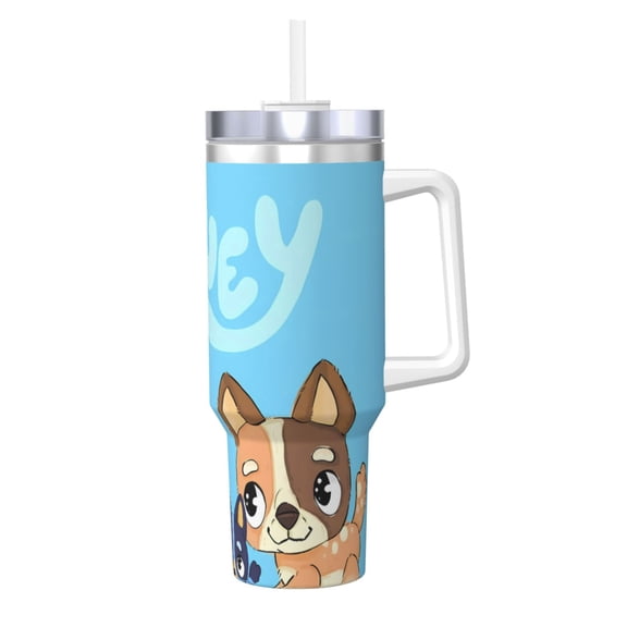Zofaai Bluey Pattern 40OZ Ice Cup with Handle, Stainless Steel Heat Preservation Cup Suitable for Car Cup Holder, Travel, Office, Unisex