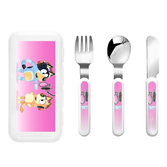 Zofaai Bluey Pattern Children's Knife, Fork and Spoon Three-piece Set, Stainless Steel Children's Tableware with Outer Box, Suitable for School, Home