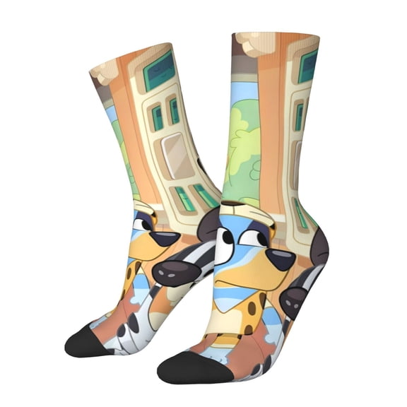 Zofaai Bluey Pattern Contrast Color Mid-calf Socks, Sweat-wicking and Odor-resistant Cushioned Athletic Socks, Unisex Clothing Accessories