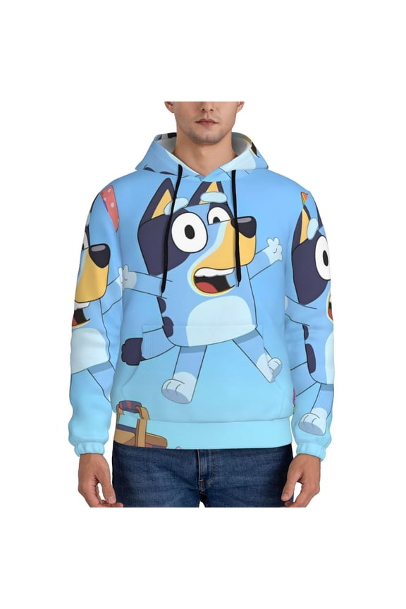 Bluey Pattern Men's Hooded Sweatshirt, Drawstring Hoodie with Pockets Sweatshirt Long Sleeve, Adult Clothing-Large