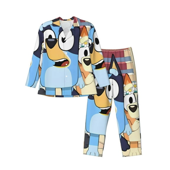 Zofaai Bluey Pattern Men's Two-piece Pajamas, Button-down Long-sleeved Pajamas with Pockets for Home Pajamas-Small