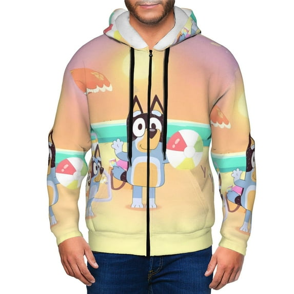 Zofaai Bluey Pattern Men's Zipper Cardigan, Drawstring Hooded Pocket Long Sleeve Cardigan Jacket, Suitable for Leisure and Sports-Large