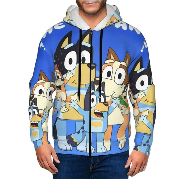Zofaai Bluey Pattern Men's Zipper Cardigan, Drawstring Hooded Pocket Long Sleeve Cardigan Jacket, Suitable for Leisure and Sports-X-Large