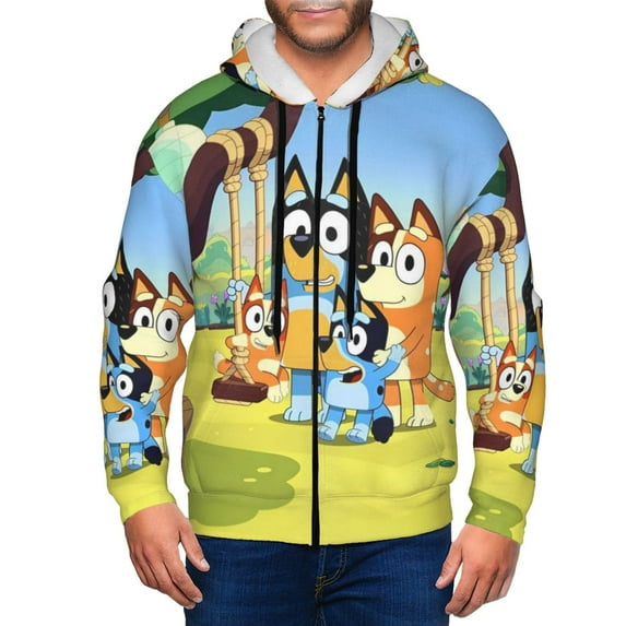 Zofaai Bluey Pattern Men's Zipper Cardigan, Drawstring Hooded Pocket Long Sleeve Cardigan Jacket, Suitable for Leisure and Sports-XX-Large