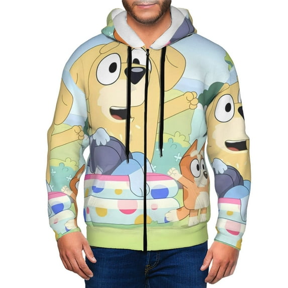 Zofaai Bluey Pattern Men's Zipper Cardigan, Drawstring Hooded Pocket Long Sleeve Cardigan Jacket, Suitable for Leisure and Sports-XX-Large