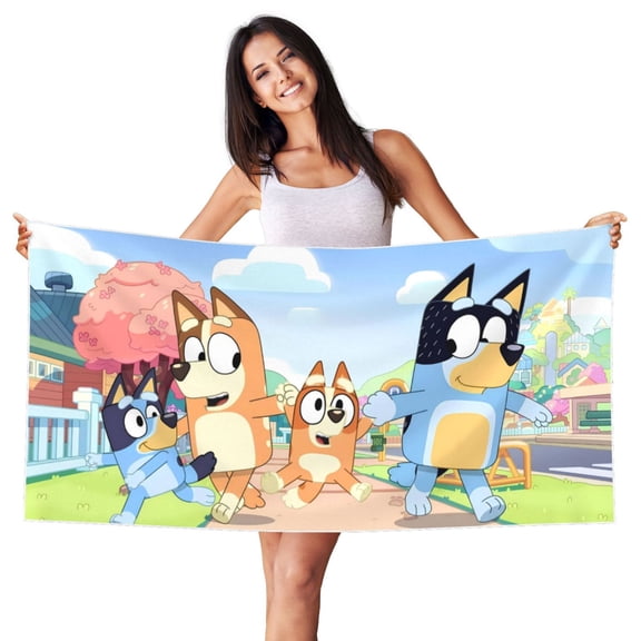 Zofaai Bluey Pattern Silver Fox Fleece Beach Towel 27.5x55in, Moisture Wicking Bath Towel Suitable for Home, Travel, Beach