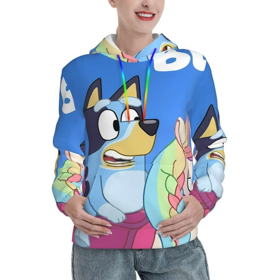 Zofaai Bluey Pattern Women's Hooded Sweatshirt, High Elastic Drawstring Hooded Sports Pullover Long Sleeve, Adult Winter Clothing-X-Large