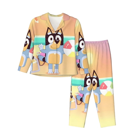 Zofaai Bluey Pattern Women's Pajamas Set, V-neck Button-down Long-sleeved Top with Pockets and Pajamas Two-piece Set, Suitable for Home Leisure-Medium