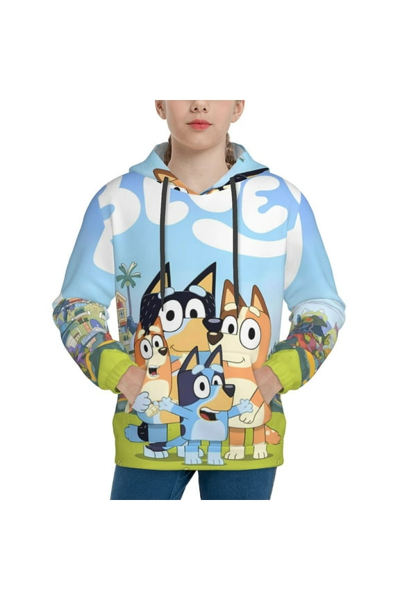 Bluey Pattern Youth Hoodies, Drawstring Hooded Long Sleeve Sweatshirt with Pockets for Boys and Girls-X-Large