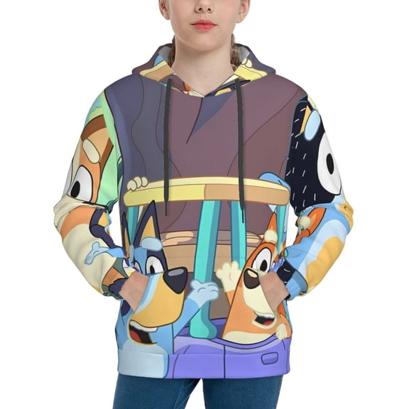 Zofaai Bluey Pattern Youth Hoodies, Drawstring Hooded Long Sleeve Sweatshirt with Pockets for Boys and Girls-X-Large