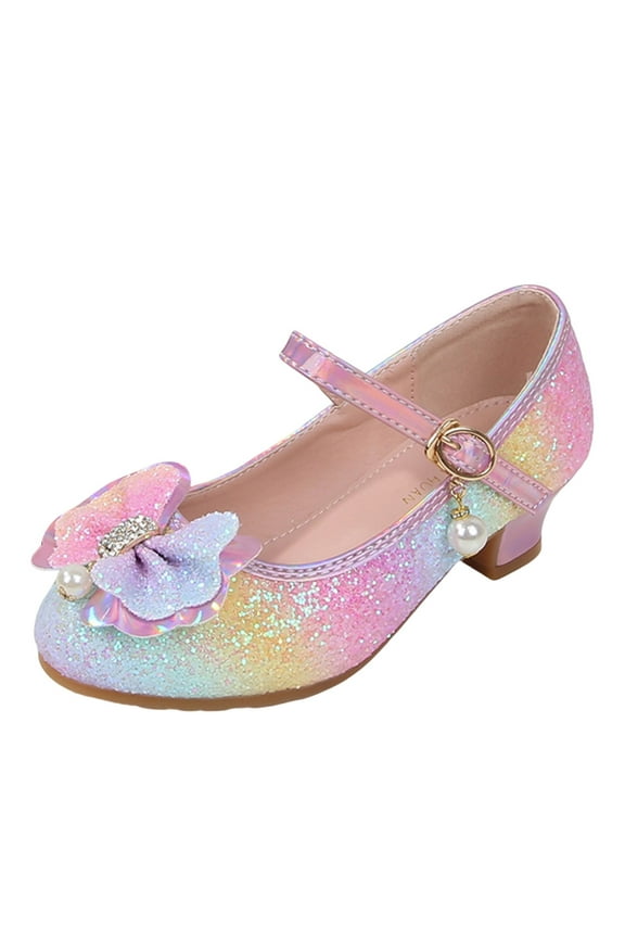Girl's Dress Shoes Glitter Rhinestone Bow Accent Mary Jane Kids Pumps(Pink, 1)
