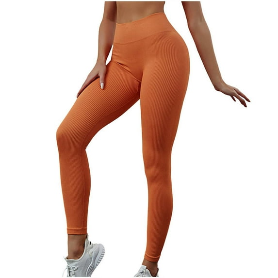 Zofedap Women's High Waist Yoga Pants with Pockets Plus Size Leggings Tummy Control Workout Yoga Leggings Orange for Size M