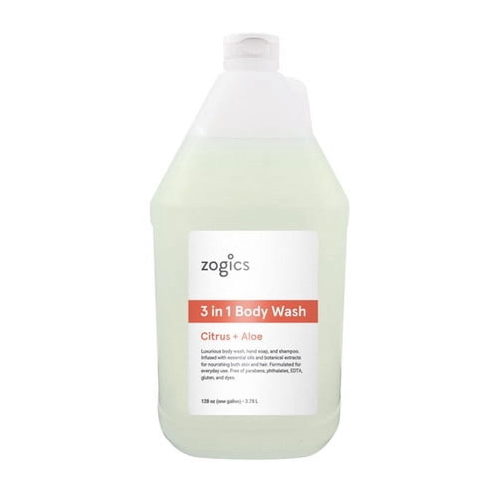 Zogics 3 in 1 Body Wash, Hand Soap & Shampoo, Citrus + Aloe (1 Gallon or Case of 4)