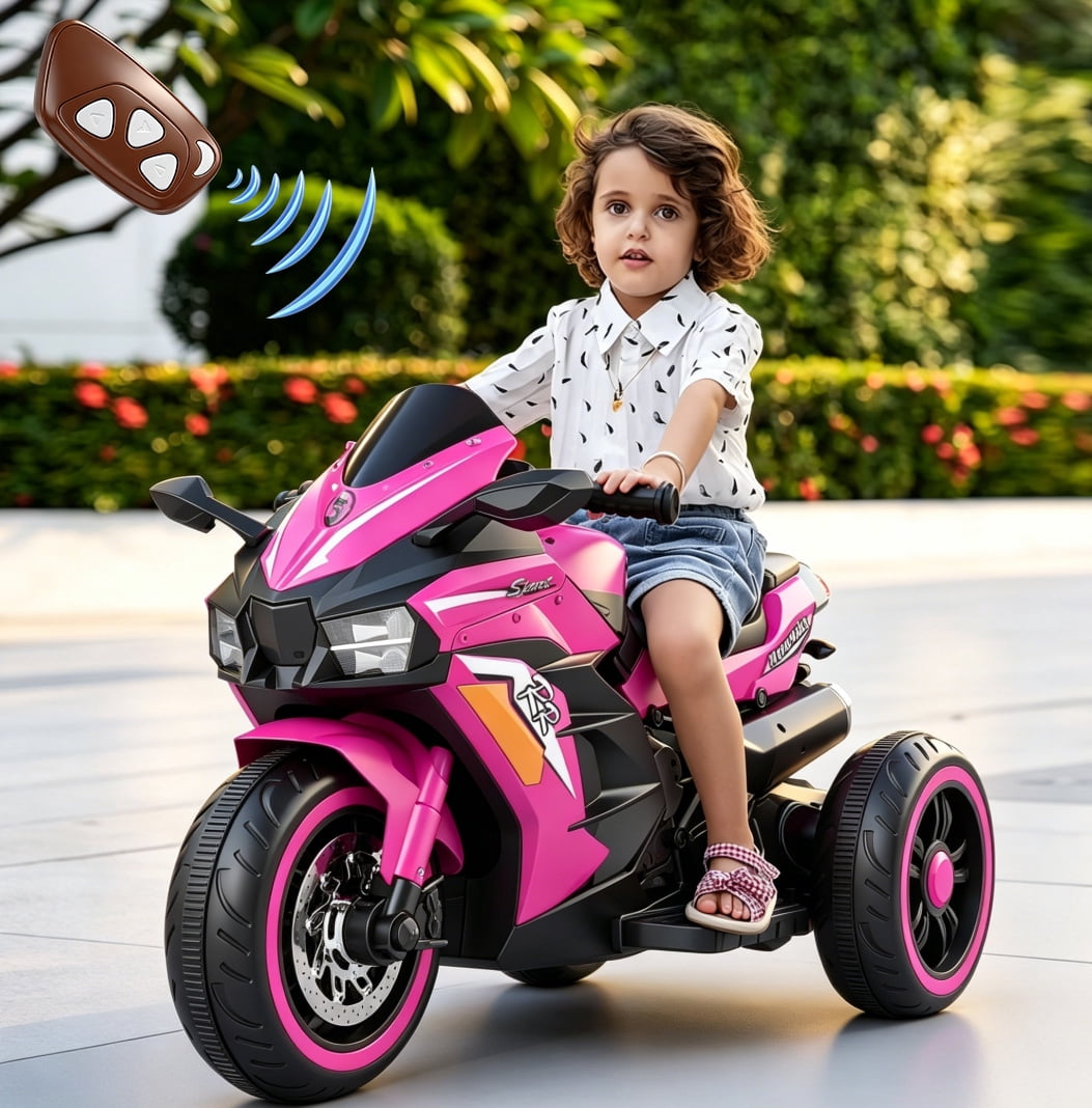 ZOGYMOZ 12V Electric Motorcycle for Girls,Battery Powered Motorcycle Toy with Remote Control, Kids Ride On Motorcycle, Pink