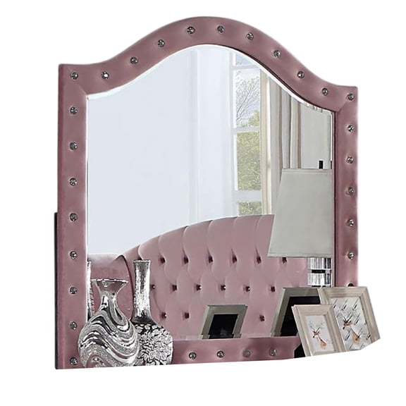 Benjara BM332567 41 in. Zoha Crystal Tuft Pink Flannelette Upholstery Dresser Mirror