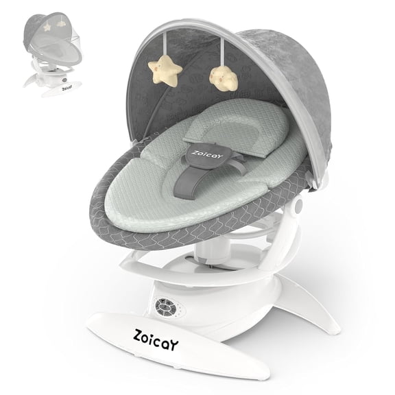 Zoicay 3-in-1 Portable Foldable Baby Swing Bouncer Rocker, Newborn Infant Rocking Seat with Remote Control, 5 Swing Speeds, 3 Music Modes, Bluetooth & Built-in Soothing Music, Easy Storage, Gray