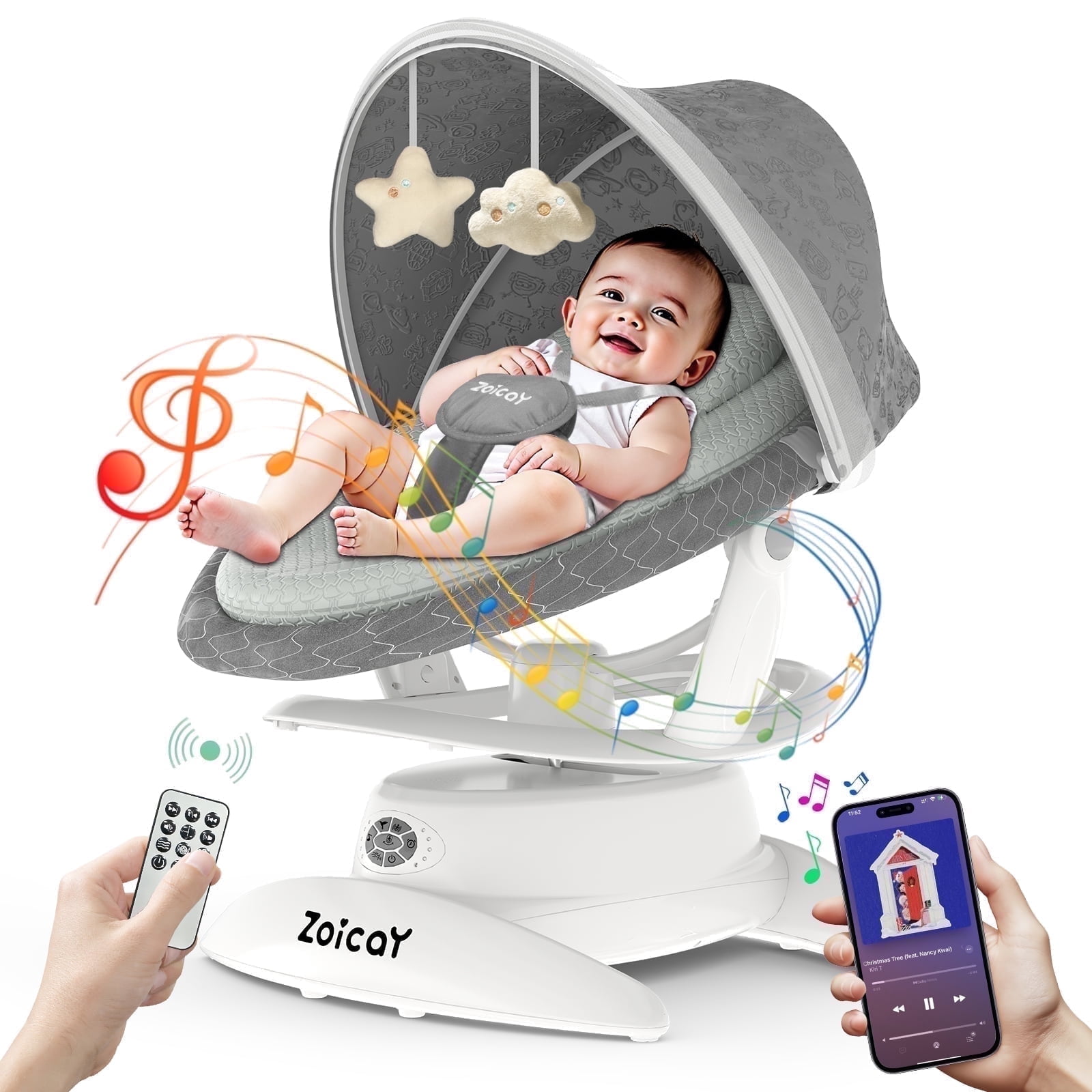 Zoicay Baby Swing, Baby Rocker Stationary Seat Infants Swing 3-IN-1 Design, Motion Detection, 5 Speeds & 3 Modes, 12 Melodies & Bluetooth Music, Gray
